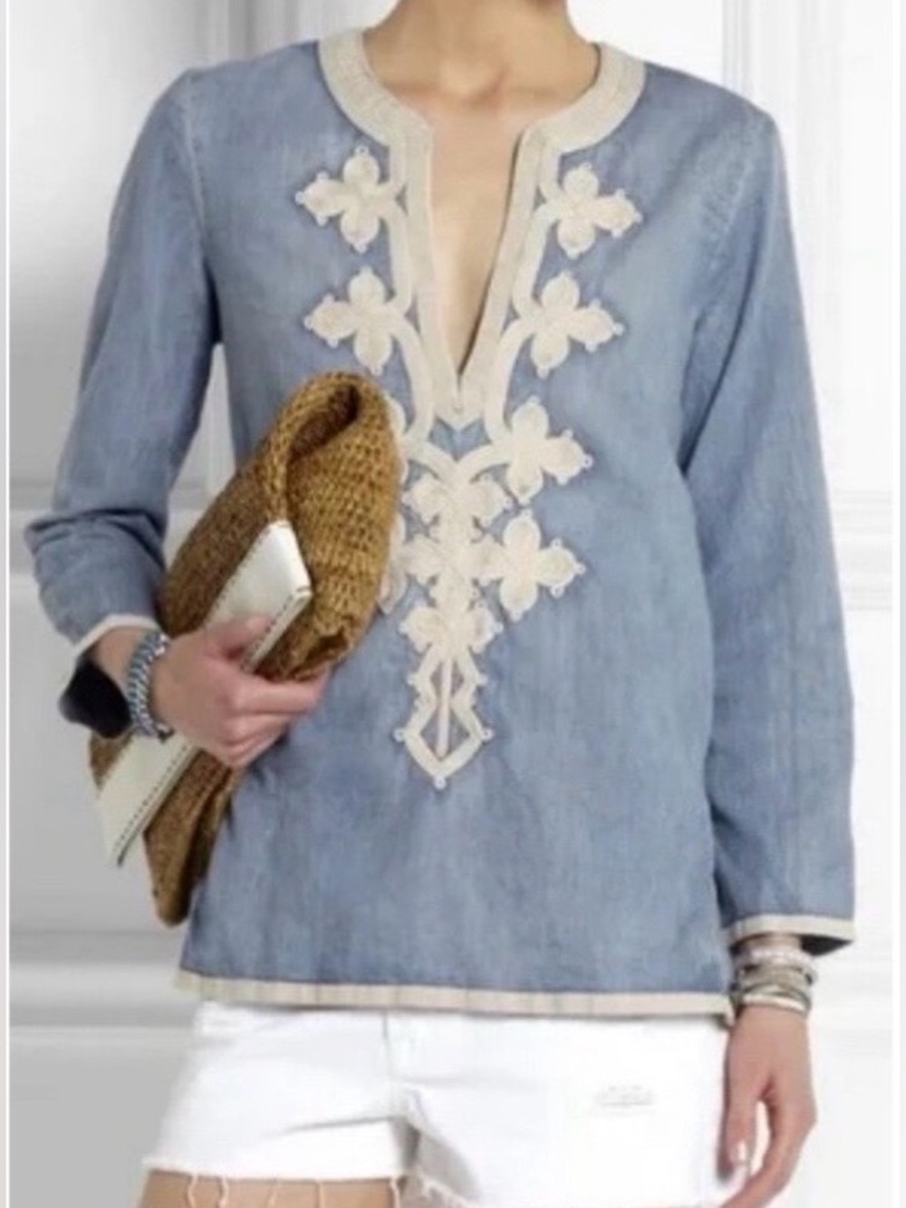 J. Crew Denim Chambray V-Neck Tunic with Cream Intricate Embroidery Size 12 NWT
